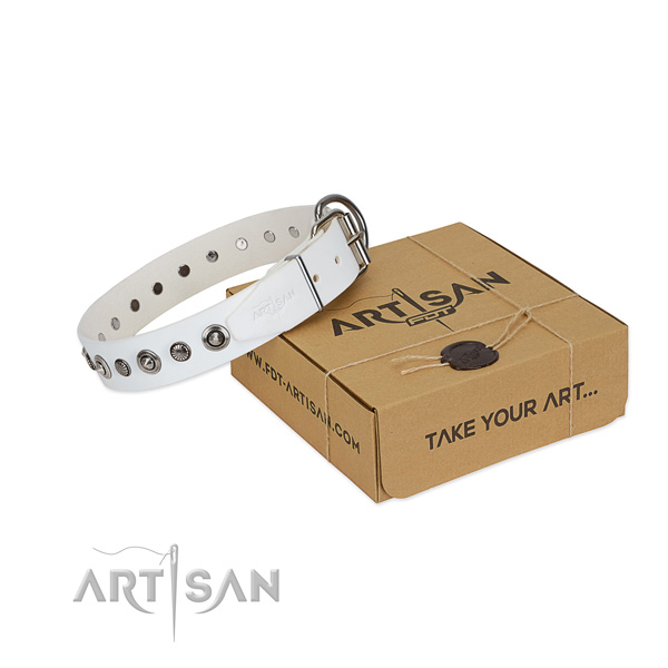 Reliable full grain genuine leather dog collar with inimitable decorations
