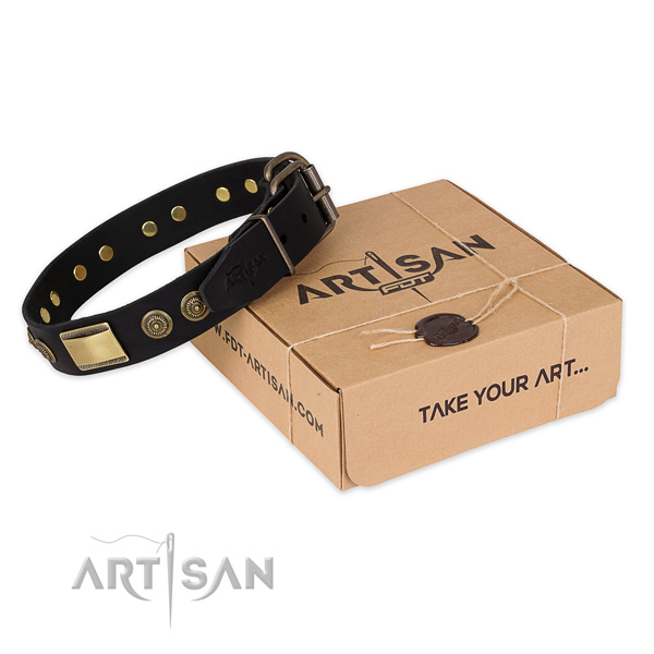 Strong hardware on full grain natural leather dog collar for everyday walking