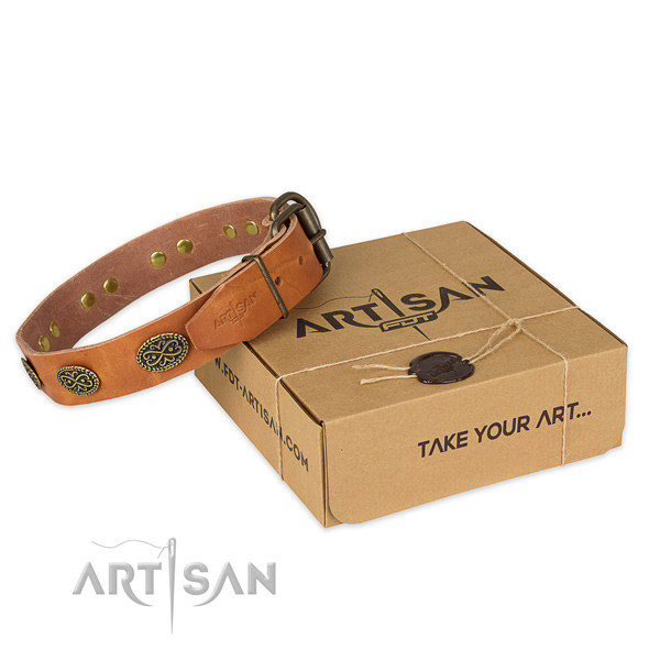 Corrosion resistant buckle on full grain natural leather collar for your lovely pet