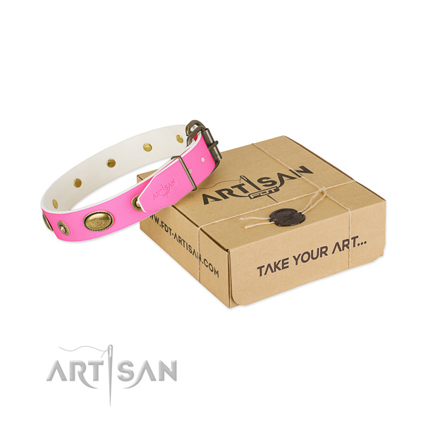 Decorated full grain natural leather collar for your handsome dog