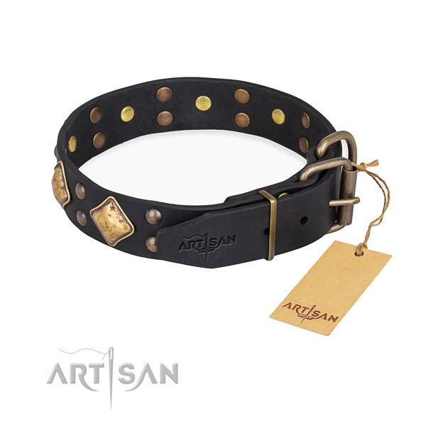 Full grain leather dog collar with top notch rust resistant adornments
