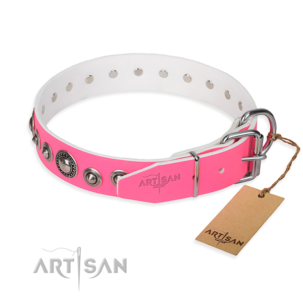 Full grain natural leather dog collar made of soft to touch material with durable adornments
