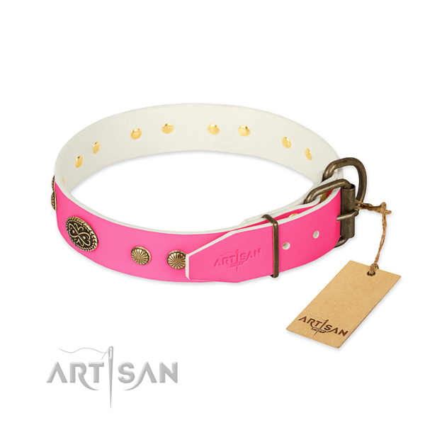 Corrosion resistant D-ring on natural leather dog collar for your pet