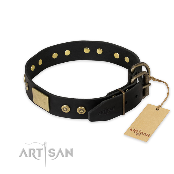 Durable fittings on full grain genuine leather collar for fancy walking your canine