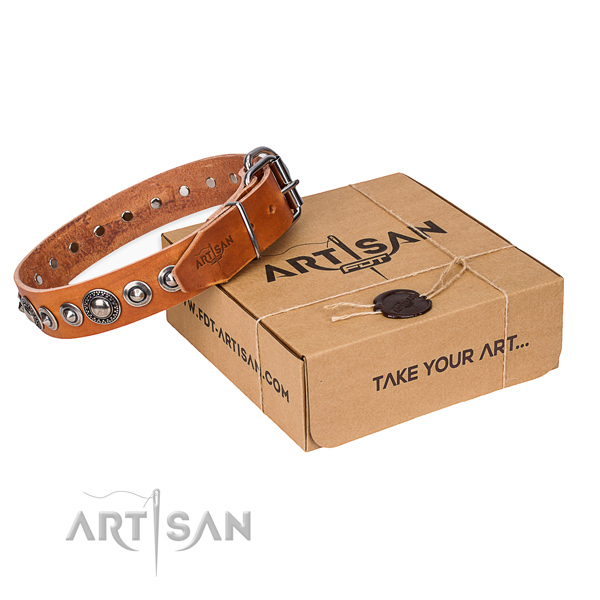 Full grain natural leather dog collar made of soft to touch material with reliable hardware