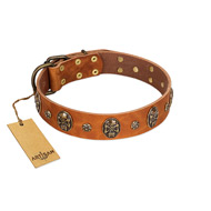 "Rockstar" FDT Artisan Tan Leather Dogue de Bordeaux Collar with Engraved Studs and Medallions