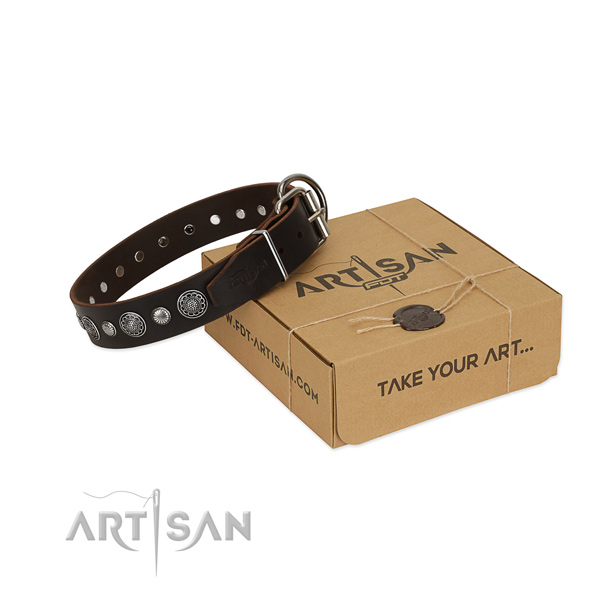 Reliable natural leather dog collar with trendy adornments