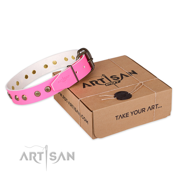 Strong fittings on natural genuine leather collar for your lovely dog