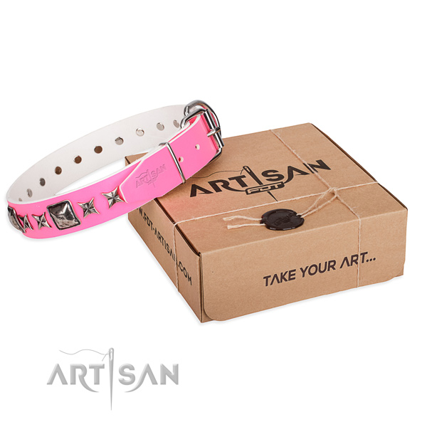 Easy wearing genuine leather dog collar with adornments