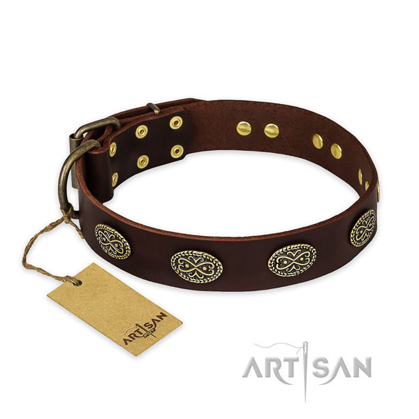 Handcrafted full grain natural leather dog collar with corrosion resistant buckle
