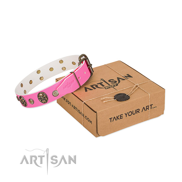 Corrosion resistant buckle on natural genuine leather dog collar for your dog