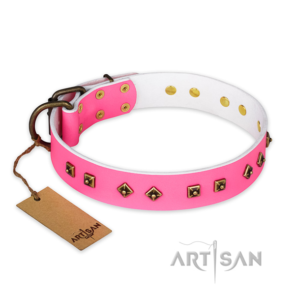 Handmade full grain natural leather dog collar with corrosion proof hardware