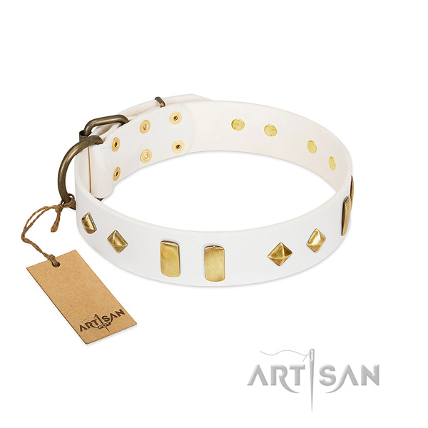 Comfy wearing gentle to touch leather dog collar with adornments