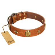 "Space Warrior" FDT Artisan Tan Leather Dogue de Bordeaux Collar with Ovals and Stars