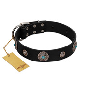"Blue Gems" FDT Artisan Black Leather Dogue de Bordeaux Collar with Chrome Plated Studs and Conchos