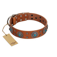 "Blue Sands" FDT Artisan Tan Leather Dogue de Bordeaux Collar with Silver-like Studs and Round Conchos with Stones