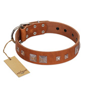 "Egyptian Gifts" Handmade FDT Artisan Tan Leather Dogue de Bordeaux Collar with Chrome-plated Pyramids