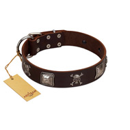 "Nut-Brown Finery" Embellished FDT Artisan Brown Leather Dogue de Bordeaux Collar with Chrome Plated Crossbones and Plates
