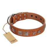 "Antique Figures" FDT Artisan Tan Leather Dogue de Bordeaux Collar with Silver-like Engraved Plates
