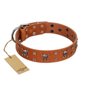 "Rebellious Nature" FDT Artisan Tan Leather Dogue de Bordeaux Collar Embellished with Crossbones and Square Studs