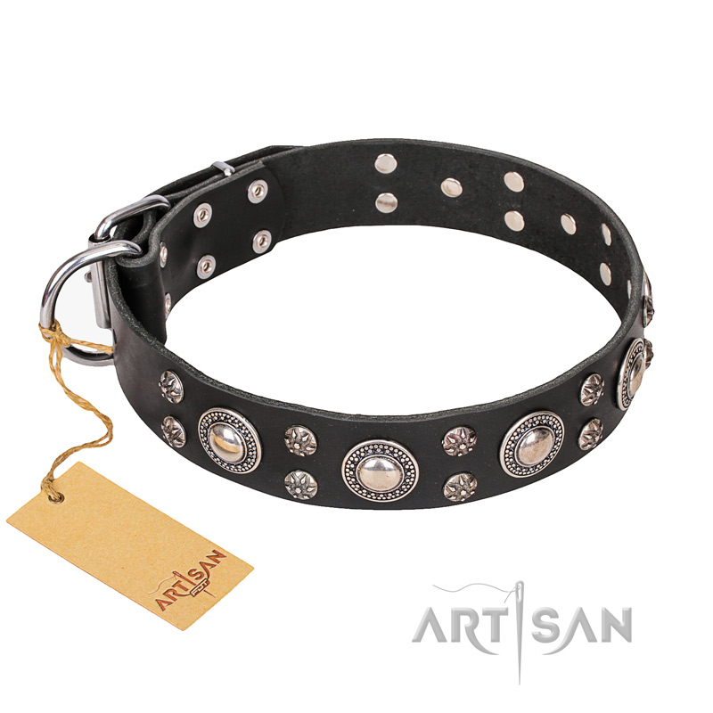 FDT Artisan 'Vintage Necklace' Studded Black Leather Dogue de Bordaux Collar - 1 1/2 inch (40mm) wide