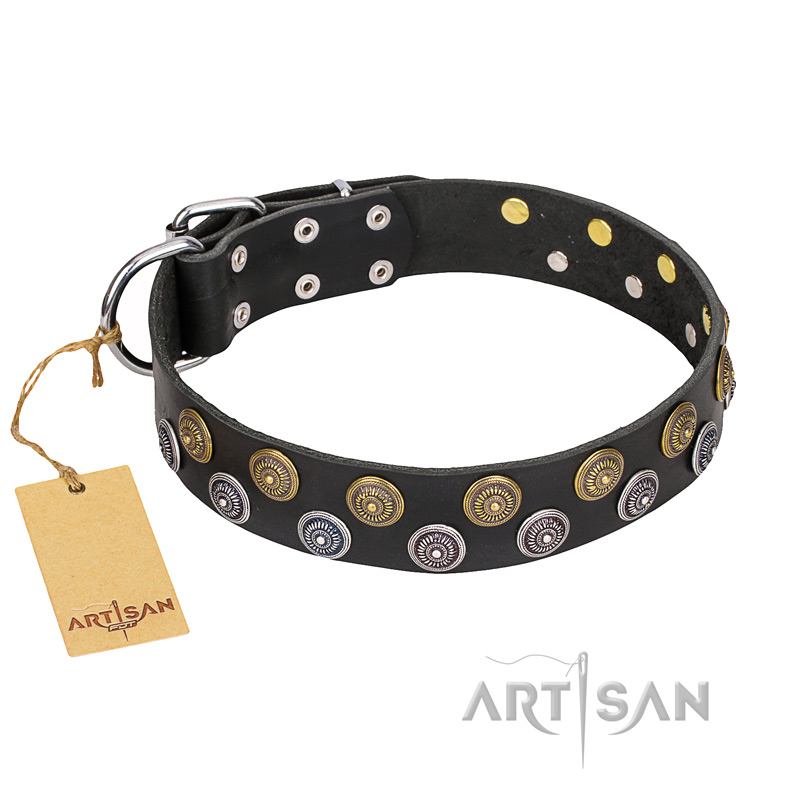 "Romantic Breeze" FDT Artisan Black Leather Dogue De Bordeaux Collar - 1 1/2 inch (40 mm) wide