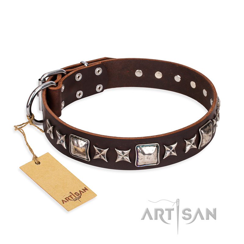 "Perfect Impression" FDT Artisan Brown Leather Dogue de Bordeaux Collar with Silver-Like Studs - 1 1/2 inch (40 mm) Wide