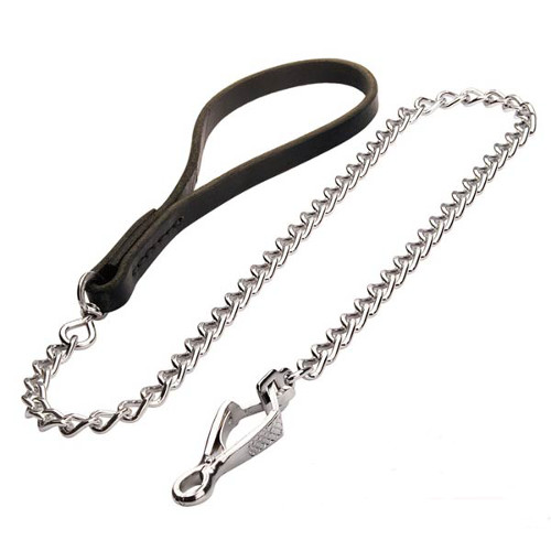 Quality dog leash with leather handle and Herm Sprenger chain and snap hook
