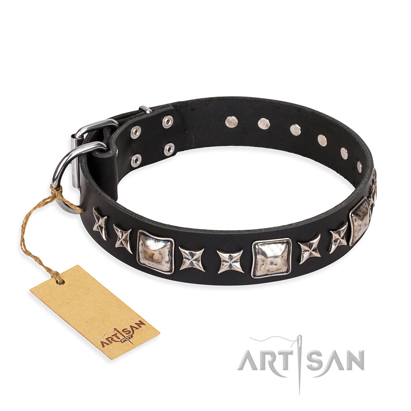 'Space Walk' FDT Artisan Black Leather Dogue de Bordeaux Collar with Adornments