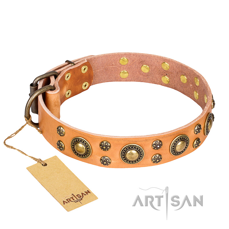 'Sophisticated Glamor' FDT Artisan Tan Leather Dogue de Bordeaux Collar with Lovely Old-Bronze Plated Decorations