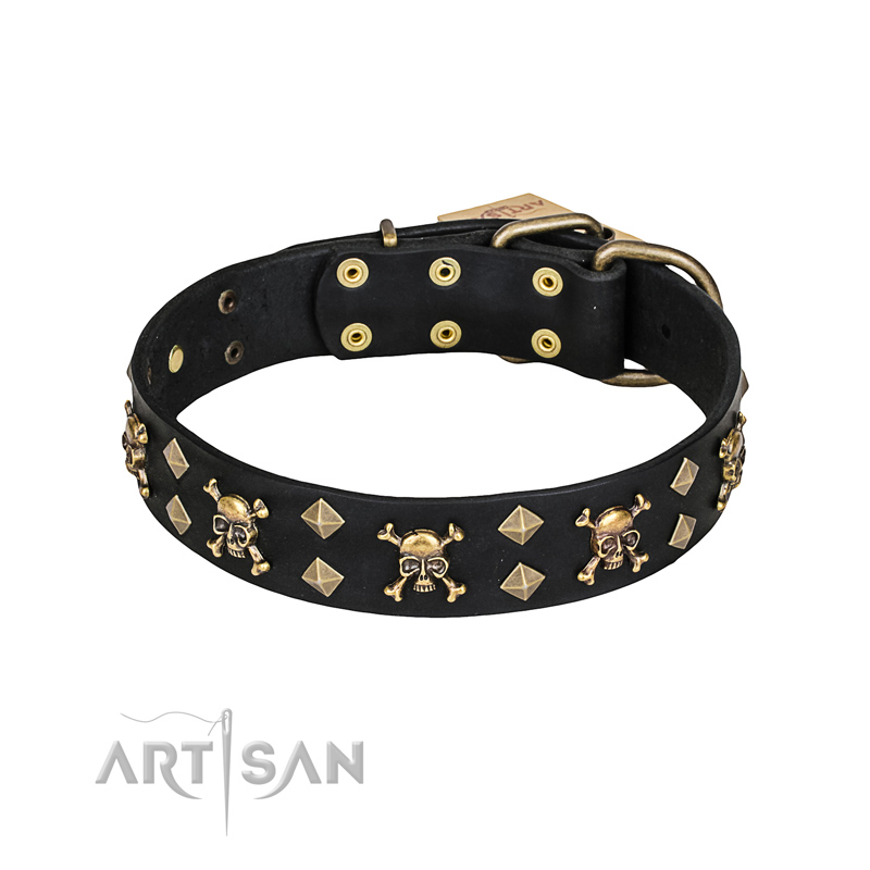 'Jolly Rojer' FDT Artisan Dogue de Bordeaux Leather Dog Collar with Pirate Skulls and Studs - 1 1/2 inch (40 mm) wide