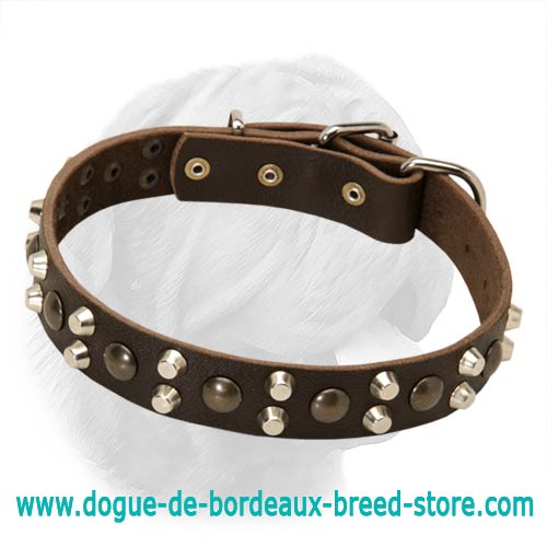 1 1/5 Inches Wide Dogue de Bordeaux Spiked-Studded Leather Collar with Buckle