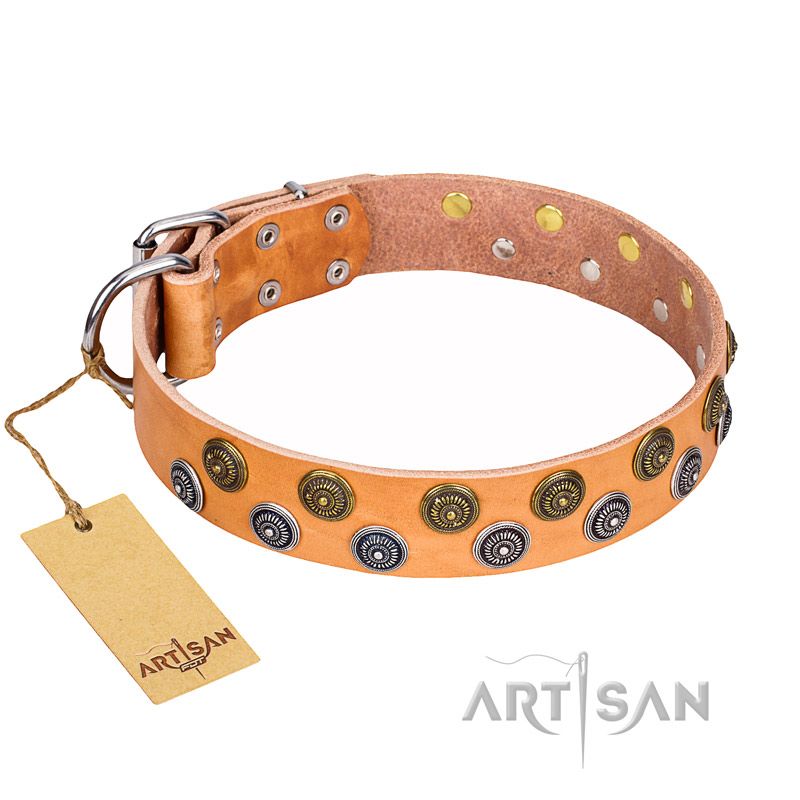 "Precious Sparkle" FDT Artisan Tan Leather Dogue De Bordeaux Collar with Vintage Round Plates