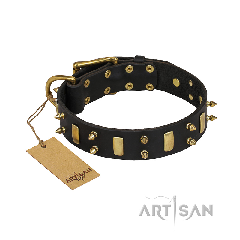 "Medieval Style" FDT Artisan Leather Dog De Bordeaux Collar with Brass Plates and Spikes