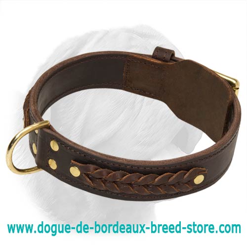 Wide 2 Ply Fur Saving Leather Collar with Braids for Dogue de Bordeaux