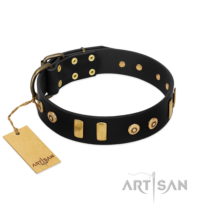 "Rare Dog" FDT Artisan Black Leather Dogue de Bordeaux Collar with Old Bronze-like Dotted Studs and Tiles