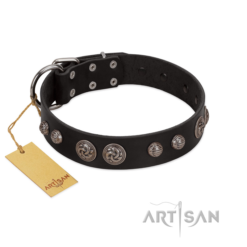"Tricky Ricky" FDT Artisan Black Leather Dogue de Bordeaux Collar Adorned with Silver-Like Conchos