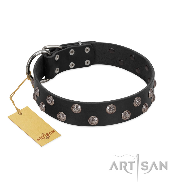"Power-Flower" FDT Artisan Black Leather Dogue de Bordeaux Collar with Two Rows of Silver-like Studs with Engraved Flowers