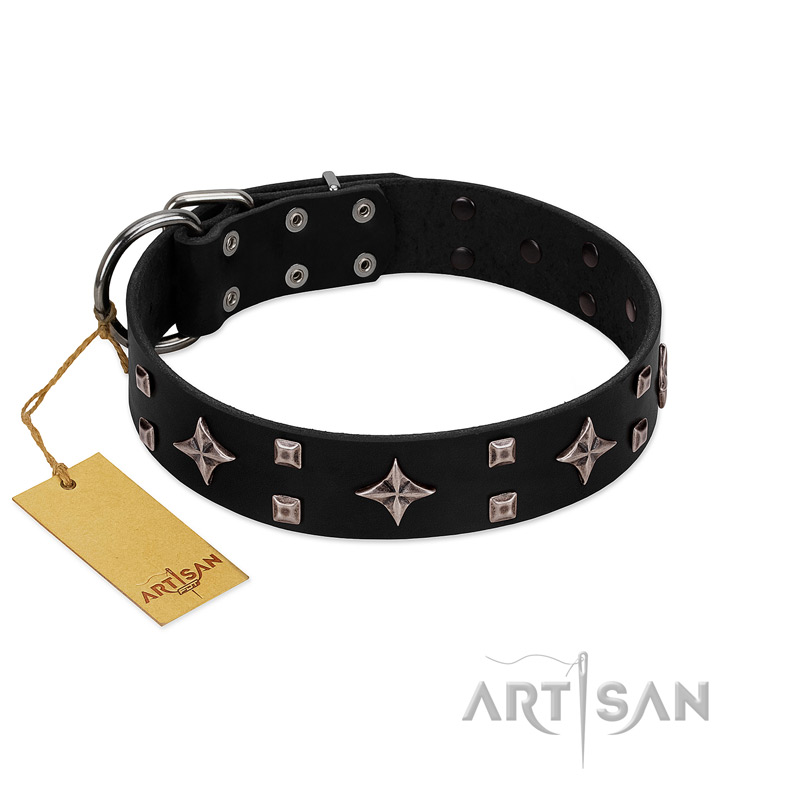 "Snappy Dresser" FDT Artisan Black Leather Dogue de Bordeaux Collar Adorned with Stars and Tiny Squares - Click Image to Close