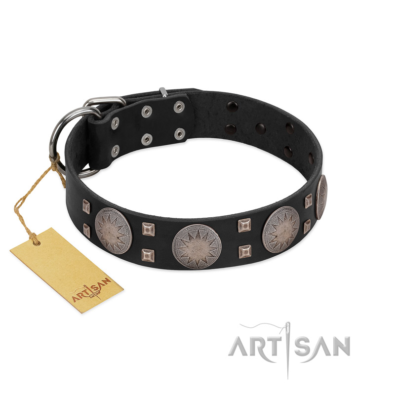 "Sun in Shining" Modern FDT Artisan Black Leather Dogue de Bordeaux Collar with Studs and Stars - Click Image to Close