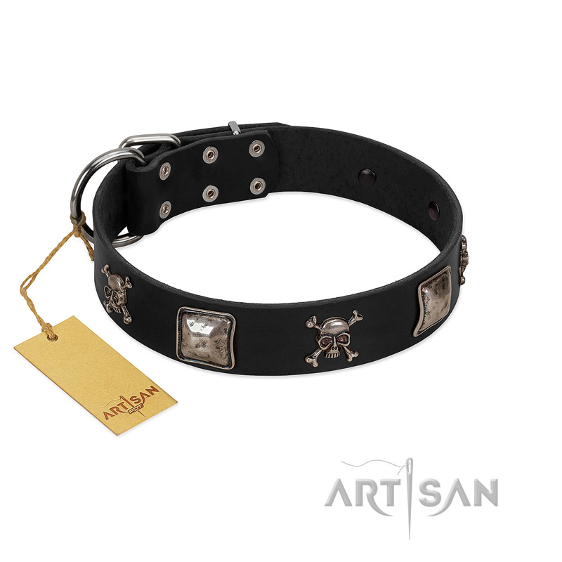 "Sea Rover" Embellished FDT Artisan Black Leather Dogue de Bordeaux Collar with Chrome Plated Crossbones and Plates