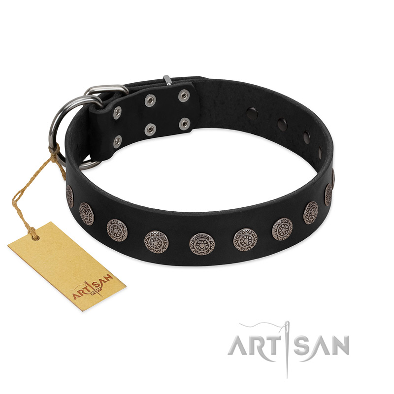 "Silent Star" Handmade FDT Artisan Designer Black Leather Dogue de Bordeaux Collar with Engraved Plates