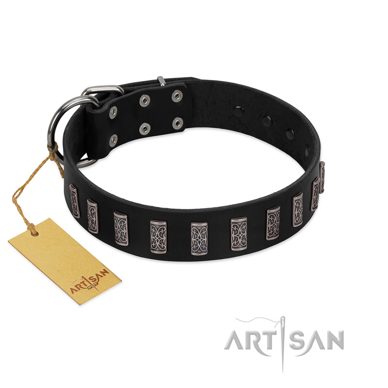 "Black Prince" Handmade FDT Artisan Black Leather Dogue de Bordeaux Collar with Silver-Like Adornments