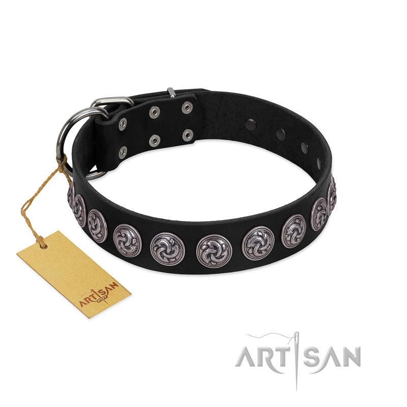 "Black Raven" Handmade FDT Artisan Black Leather Dogue de Bordeaux Collar with Silver-Like Adornments