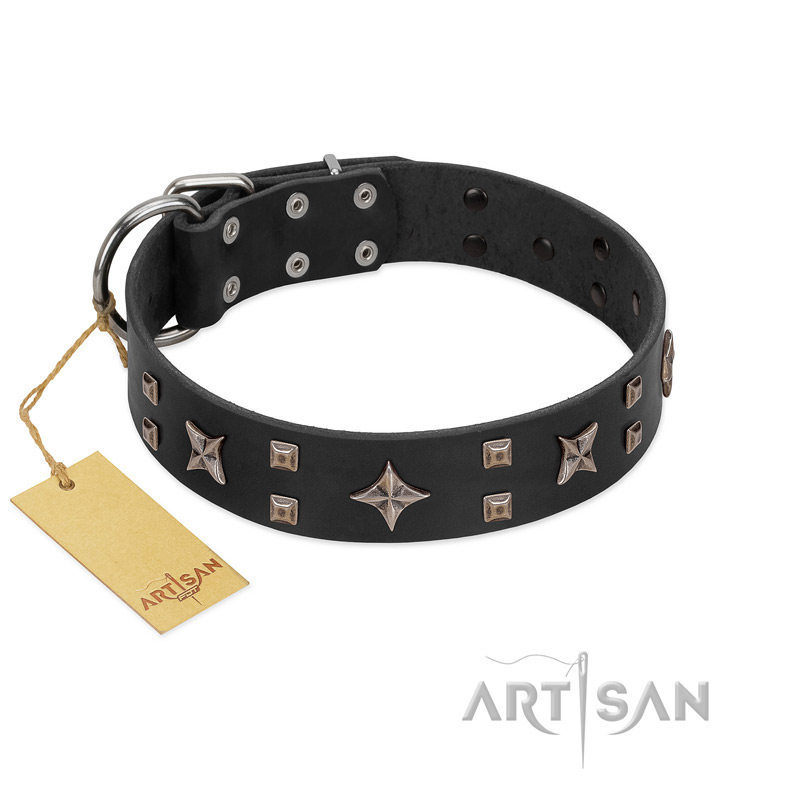 "Star Excitement" Modern FDT Artisan Black Leather Dogue de Bordeaux Collar with Studs and Stars