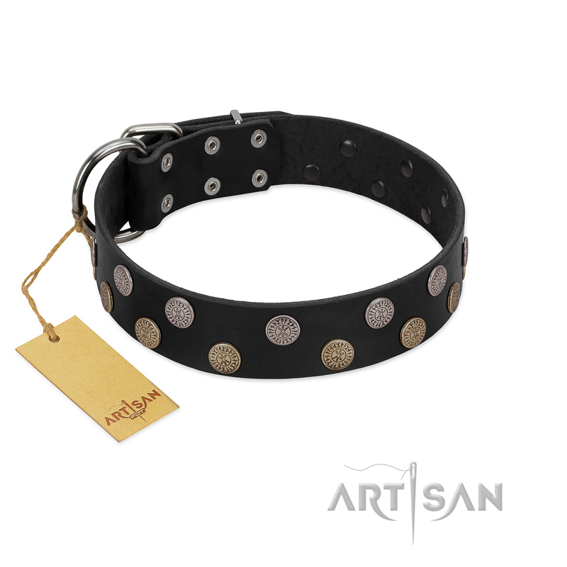 "Egyptian Style" Handcrafted FDT Artisan Black Leather Dogue de Bordeaux Collar with Medallions