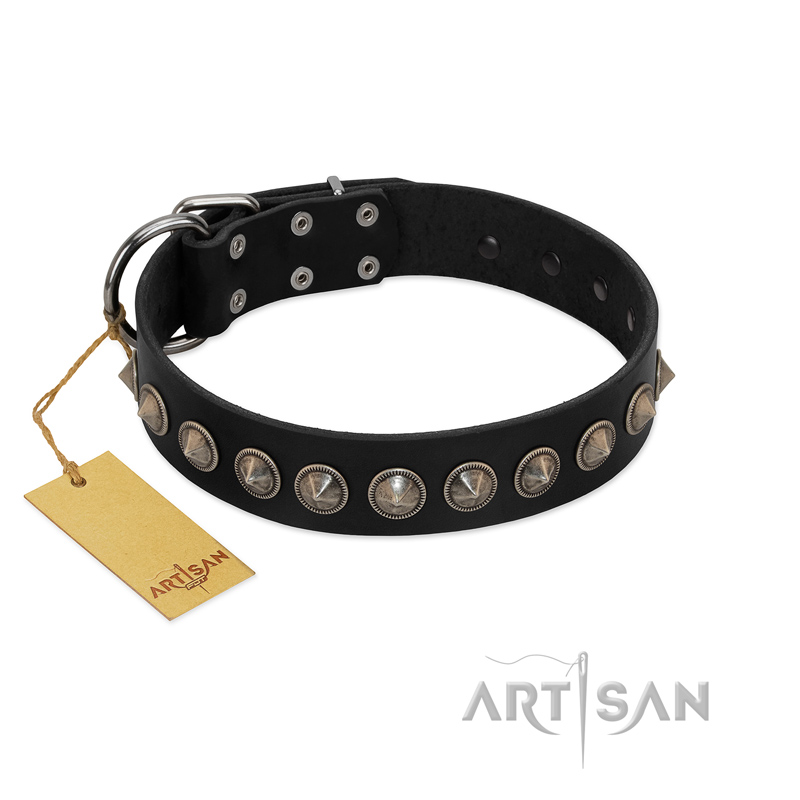 "Black Eagle" Handcrafted FDT Artisan Black Leather Dogue de Bordeaux Collar with Silver-Like Adornments