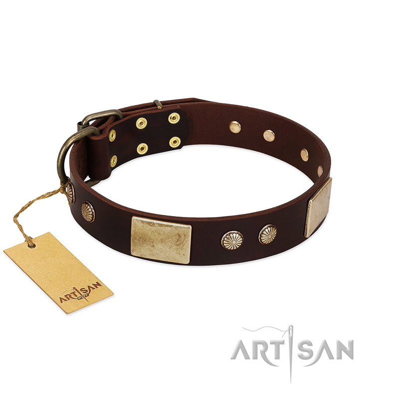 "Middle Age" FDT Artisan Brown Leather Dogue de Bordeaux Collar with Old Bronze-Plated Engraved Flowers and Large Plates - Click Image to Close
