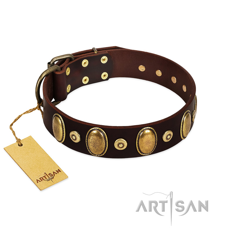 "Retro Pusle" FDT Artisan Brown Leather Dogue de Bordeaux Collar with Old Bronze-like Studs and Oval Brooches