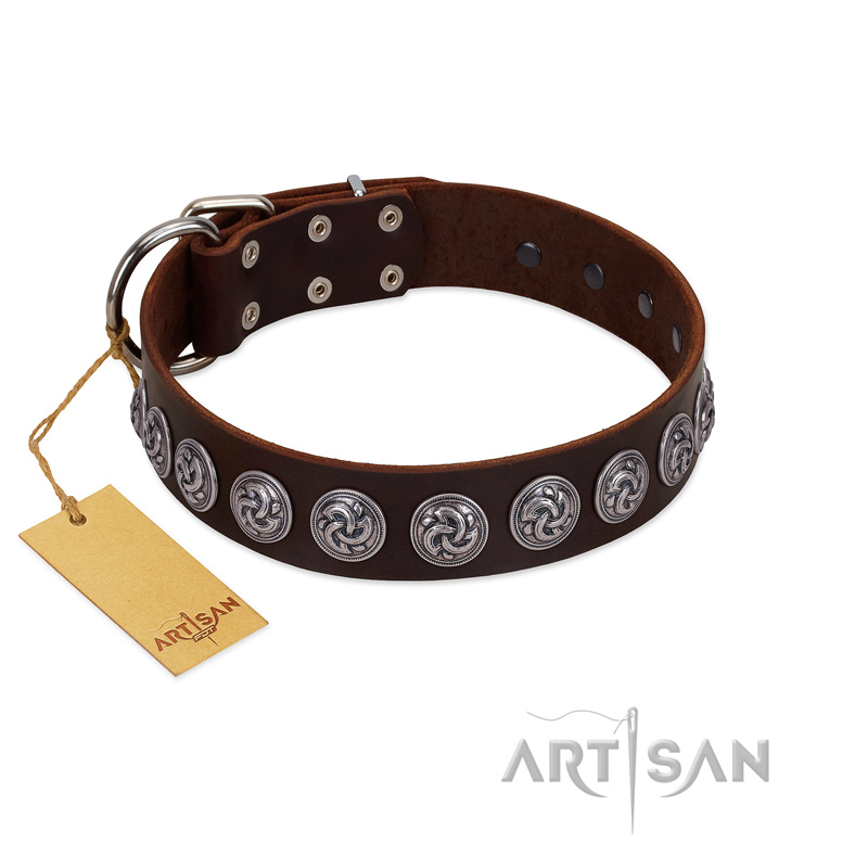 "Charming Circles" FDT Artisan Brown Leather Dogue de Bordeaux Collar with Silver-like Studs